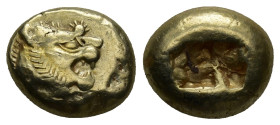 KINGS OF LYDIA. Alyattes to Kroisos, circa 610-546 BC. Trite (4.76 Gr. 13mm.), Sardes. 
Head of a lion with sun and rays on its forehead to right.
 Re...