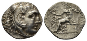 Kingdom of Macedon, Alexander III 'the Great' AR Drachm. (3.4 Gr. 16mm.)
Head of Herakles right, wearing lion skin headdress 
Rev. Zeus Aëtophoros sea...