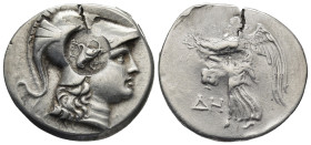 PAMPHYLIA. Side. Circa 205-100 BC. Tetradrachm (16.7 Gr. 30mm.).
 Head of Athena to right, wearing crested Corinthian helmet. 
Rev. ΔH Nike advancing ...