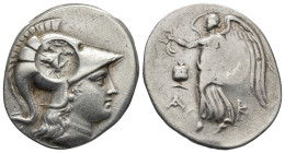 Pamphylia, Side AR Tetradrachm. Circa 205-100 BC. (16.9 Gr. 31mm.) 
 Head of Athena to right, wearing crested Corinthian helmet 
Rev. Nike advancing t...