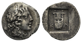 LYCIAN LEAGUE. Circa 48-42 BC. AR Drachm (1.5 Gr. 15mm.) 
 Laureate head of Apollo right 
Rev. Lyre; K–P across lower field; all within incuse square....