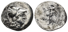 PAMPHYLIA, Side. Circa 183-175 BC. AR Drachm (3.8 Gr. 20mm.).
 Head of Athena right, wearing crested Corinthian helmet 
Rev. Nike advancing left, hold...