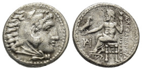 KINGS OF MACEDON. Alexander III 'the Great' (336-323 BC). Drachm. Miletos. (4.2 Gr. 17mm.)
 Head of Herakles right, wearing lion skin. 
Rev: AΛEΞANΔPO...