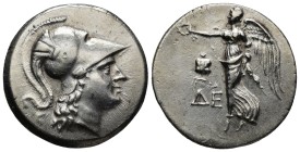 PAMPHYLIA. Side. AR Tetradrachm (Circa 205-100 BC). (16.83 Gr. 30mm.)
Helmeted head of Athena right.
Rev. Nike advancing left, holding wreath; pomeg...