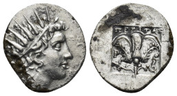 CARIAN ISLANDS. Rhodes. Ca. 88-84 BC. AR drachm (16mm, 2.6 g). Plinthophoric standard, Peritas, magistrate. Radiate head of Helios right / ΠEPITAΣ, ro...