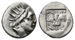 Rhodos, Rhodes AR Plinthophoric Drachm. Circa 170-150 BC. (2.47 Gr. 13mm.)
Radiate head of Helios right. 
Rev . Rose with bud; P-O across fields