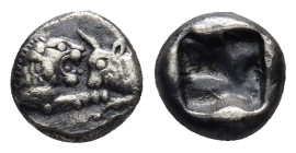 KINGS of LYDIA. Kroisos. Circa 564/53-550/39 BC. AR Twenty-fourth Stater (0.87 Gr. 8mm).
 Sardes mint. Confronted foreparts of lion and bull 
Rev. Inc...