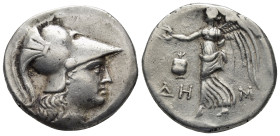 PAMPHYLIA. Side. Circa 205-100 BC. Tetradrachm (16.75 Gr. 29mm.).
 Head of Athena to right, wearing crested Corinthian helmet. 
Rev. ΔH M Nike advanci...