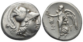 PAMPHYLIA. Side. Circa 205-100 BC. Tetradrachm (16.88 Gr. 29mm.).
 Head of Athena to right, wearing crested Corinthian helmet. 
Rev. Σ Τ Nike advancin...