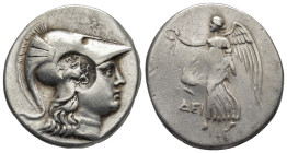 Pamphylia. Side circa 205-100 BC. Tetradrachm AR (16.8 Gr. 28mm.) 
Helmeted head of Athena right 
Rev. Nike walking left, holding wreath, pomegranate ...