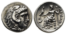 Kingdom of Macedon, Alexander III 'the Great' AR Drachm. (4.1 Gr. 17mm.)
Head of Herakles right, wearing lion skin headdress
Rev. Zeus Aëtophoros seat...