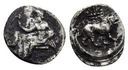 CILICIA, Tarsos. Mazaios. Satrap of Cilicia, 361/0-334 BC. AR Obol (0.7 Gr. 11mm.).
 Baaltars seated left, his torso facing, holding lotus-tipped scep...