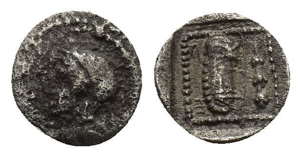 Dynasts of Lykia, Erbinna AR Obol. Circa 400-390 BC. (0.25 Gr. 8mm)
Helmeted hea...