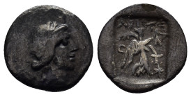CARIA Stratonikeia. Circa 41-68. Hemidrachm (1.4 Gr. 14mm.) 
 Head of Hekate to right, wearing laurel wreath with crescent. 
Rev. Nike walking to righ...