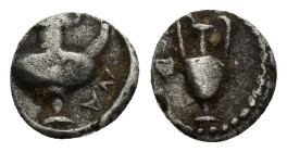 CILICIA, Nagidos. Circa 400-380 BC. AR Obol (8mm, 0.56 g). Kantharos NA. Amphora with ivy leaf .
