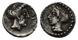 Cilicia, Nagidos AR Obol (10mm, 0.6 g) (ca 400-380 BC) Bearded head of Dionysos to right; NAΓ downwards before. Rev: Head of Aphrodite to left, hair i...