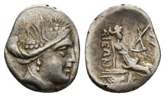 Euboea. Histiaia circa 300-100 BC. Tetrobol AR (13mm, 1,68 g). Head of Maenad right wearing wreath formed of bunches of grapes, earring and necklace /...