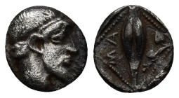 IONIA, Magnesia ad Maeandrum. Circa 470-450 BC. AR Obol (0.99 Gr. 10mm.) 
 Bearded male head right, wearing tainia 
Rev. Barley grain; M-A flanking; a...