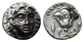 Islands off Caria. Rhodos circa 205-190 BC. Plinthophoric Hemidrachm AR (1.2 Gr. 11mm.)
Head of Helios facing slightly to right. 
Rev. Rose, with bud ...