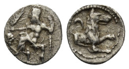LYCAONIA. Laranda. Circa 324/3 BC. Obol (0.58 Gr. 9mm)
 Baal seated left, holding grain ear and grape bunch in extended right hand, scepter with his l...