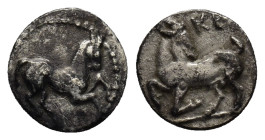 CILICIA, Kelenderis. Circa 425-400 BC. AR Obol (0.68 Gr. 10mm.). 
Horse prancing right 
Rev. Goat kneeling left, head reverted.
