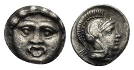 PISIDIA, Selge. 330-190 BC. AR Obol (0.9 Gr. 9mm.). 
Facing head of Gorgon 
Rev. Helmeted head of Athena.