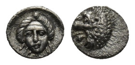 CARIA. Hekatomnos (Circa 392/1-377/6 BC). AR, Tetartemorion. Mylasa (?) (0.22 Gr. 6mm.) 
 Laureate head of Apollo (?)
Rev. Forepart of a roaring lion ...
