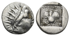 Rhodes AR Plinthophoric Drachm. Circa 170-150 BC. (2.33 Gr. 13mm.)
Radiate head of Helios right 
Rev. Rose with bud to right, Isis crown to left, magi...