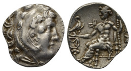 Kingdom of Macedon, Alexander III 'the Great' AR Drachm. Chios, circa 290-275 BC. (3.97 Gr. 17mm.)
Head of Herakles right, wearing lion skin headdress...