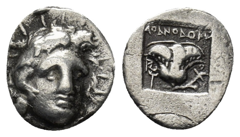 Caria, Rhodes, AR Hemidrachm. Circa 170-150 BC. (1 Gr. 10mm.)
 Radiate head of H...