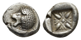 IONIA. Miletos. Diobol (6th-5th century BC). (1.1 Gr. 8mm.) 
 Forepart of lion right, head left. 
Rev. Stellate pattern within incuse square