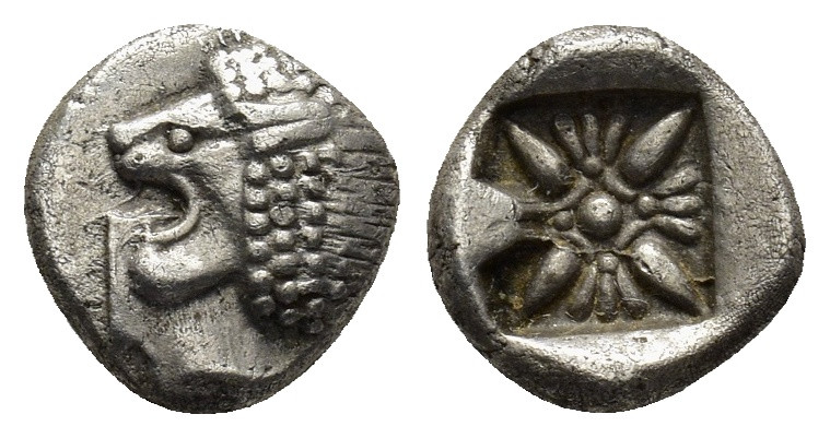 IONIA. Miletos. Diobol (6th-5th century BC). (1.1 Gr. 9mm.)
Forepart of lion rig...