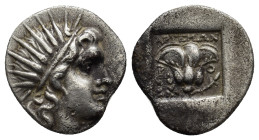 Rhodes AR Plinthophoric Drachm. Circa 170-150 BC. Artemon, magistrate. (2.7 Gr. 16mm)
Radiate head of Helios right 
Rev. Rose with bud to right; Isis ...