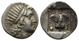Rhodes AR Plinthophoric Drachm. Circa 170-150 BC. Artemon, magistrate. (2.8 Gr. 15mm)
Radiate head of Helios right 
Rev. Rose with bud to right; Isis ...