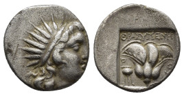 Rhodes AR Plinthophoric Drachm. Circa 170-150 BC. (2.9 Gr. 15mm)
Radiate head of Helios right 
Rev. Rose with bud to right; Isis crown to left, P-O ac...