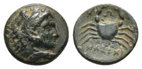 ISLANDS off CARIA, Kos. Circa 260/50-240/30 BC. Æ Chalkous (10mm, 1.17 g). Kleuchi–, magistrate. Head of Herakles right, wearing lion skin / Crab; bel...