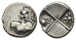 Thracian Chersonesos, 'Kardia' AR Hemidrachm. (13mm, 2.42 g) Circa 357-320 BC. Forepart of lion to right, head reverted / Quadripartite incuse square ...