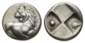 THRACE, Chersonesos. Circa 386-338 BC. AR Hemidrachm (12mm, 2.28 g). Forepart of lion right, head reverted / Quadripartite incuse square; two opposing...