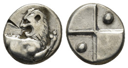 THRACE. Chersonesus. Ca. 4th century BC. AR hemidrachm (12mm, 2.3 g). Persic standard, ca. 480-350 BC. Forepart of lion right, head reverted / Quadrip...