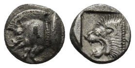 Mysia. Kyzikos circa 450-400 BC. Obol AR (9mm, 1.1 g) Forepart of boar to left, tunny fish behind / Head of roaring lion to left within incuse square.