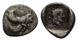 CARIA, Uncertain. Orou. Local dynast, circa 450-400 BC. AR (8mm, 0.7 g). Forepart of winged man-headed bull right / Head of female right in dotted squ...