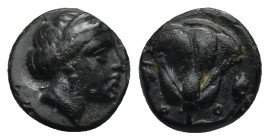 Caria. Rhodos. 120-84 BC AE (1.3 Gr. 10mm.). 
Radiate head of Helios right. 
Rev. Rose between P - O; to right, aplustre, to left, kerykeion?.