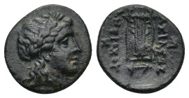 SELEUKID KINGDOM. Antiochos II Theos (261-246 BC). AE. Sardes. (1.9 Gr. 13mm. ) 
Laureate head of Apollo right.
 Rev: BAΣIΛΕΩΣ / ANTIΟΧΟΥ. Lyre. Exerg...
