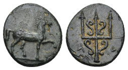 CARIA. Mylasa. Ae (3rd-2nd centuries BC). (1.2 Gr. 12mm.)
 Horse prancing right.
 Rev. Decorated trident.