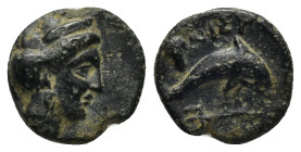 CARIA. Nisyros. Ae (Mid 4th-late 3rd century BC). (1.4 Gr. 12mm.)
Diademed head of Aphrodite(?) right. 
Rev. Dolphin right; below, trident; above, gra...