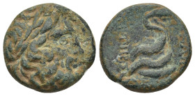 Mysia. Pergamon circa 200 BC. Bronze Æ (18mm, 6.0 g). Laureate head of Asklepios right / Serpent coiled around omphalos.