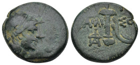 PONTOS, Amisos. temp. Mithradates VI. Circa 100-85 BC. Æ (20mm, 8.8 g). Helmeted head of Ares(?) right / Sword in sheath; star-in-crescent to upper le...