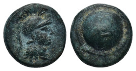 PAMPHYLIA, Aspendos. Late 4th-3rd centuries BC. Æ (12mm, 2.1 g). Helmeted head of Athena right. / Shield inscribed with ΠO monogram.