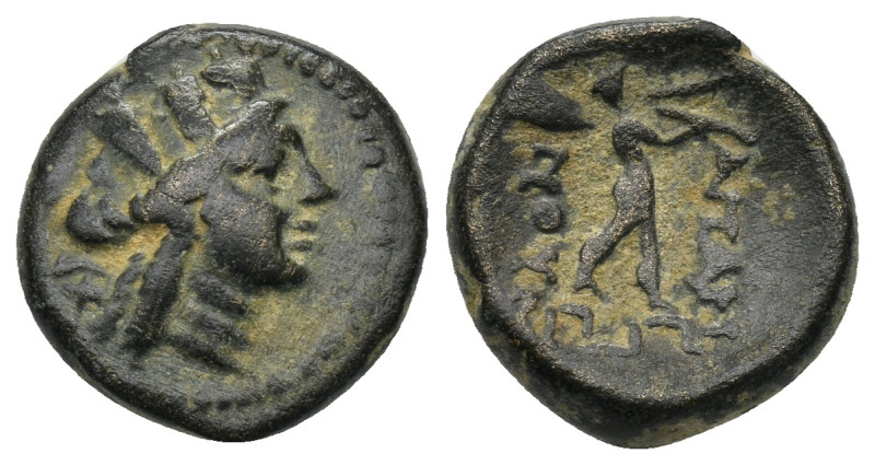 Phrygia, Apameia. Ca. 88-40 B.C. AE (15mm, 4.5 g) Tyche right Rev: Marsyas advan...