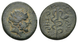 Mysia, Pergamon. Ca. 200-113 B.C. AE (16mm, 3.2 g) Laureate head of Asklepios (or Zeus) right / ΑΣΚΛΗΠΙΟΥ / ΣΩΤΗΡΟΣ, serpent-entwined staff of Asklepi...